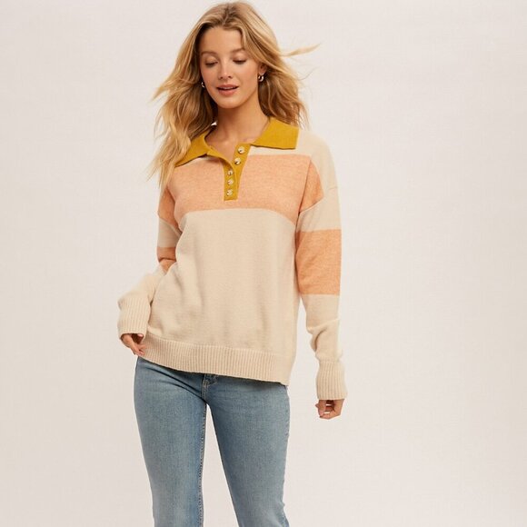 HEM & THREAD Colorblock Collared Sweater with Button Placket - Picture 6 of 6